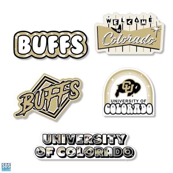 Set of five University of Colorado stickers in black and Vegas gold featuring various "Buffs" and "University of Colorado" designs, including retro and bold lettering styles.